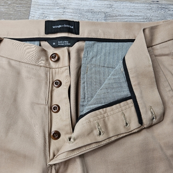 Wings + Horns Men's Chino Button Fly Pants Khaki 34x31 - Picture 8 of 12